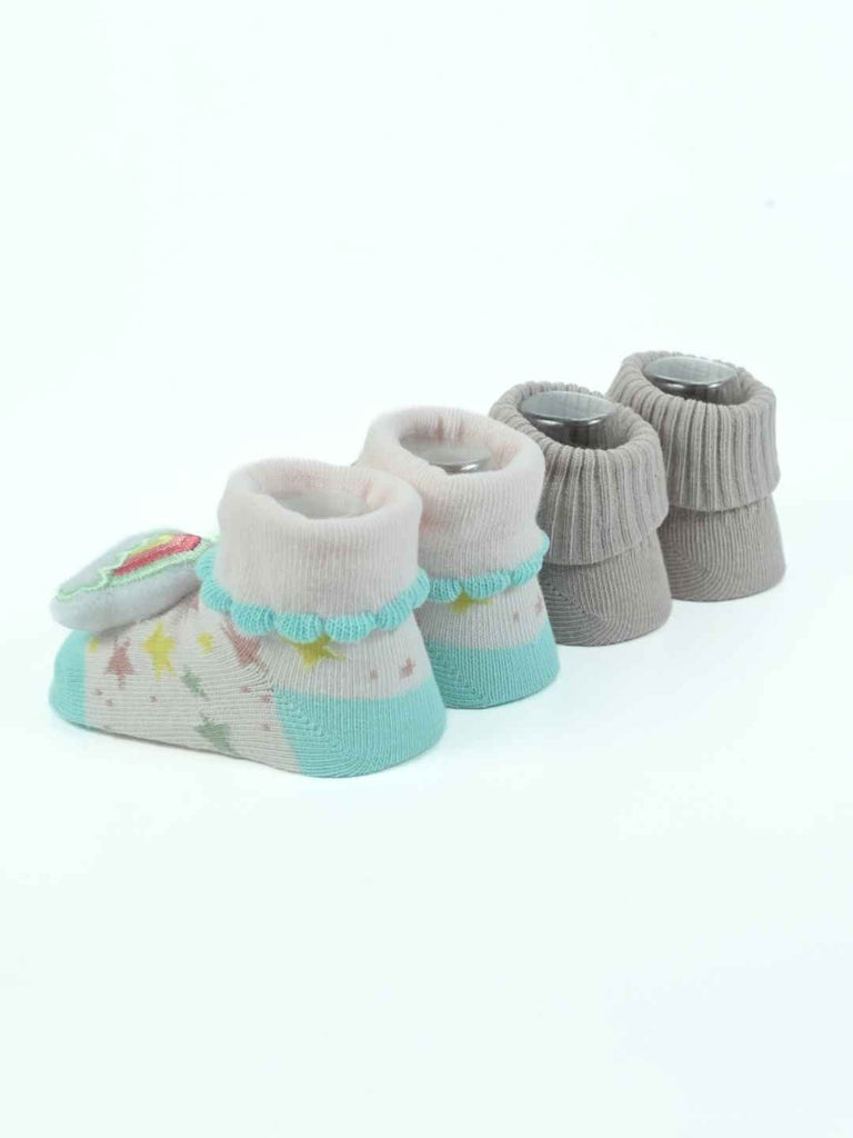 Cute Comforts Baby Socks Duo – Pastel Knit Booties with 3D Bunny and Rainbow Accents-Back View