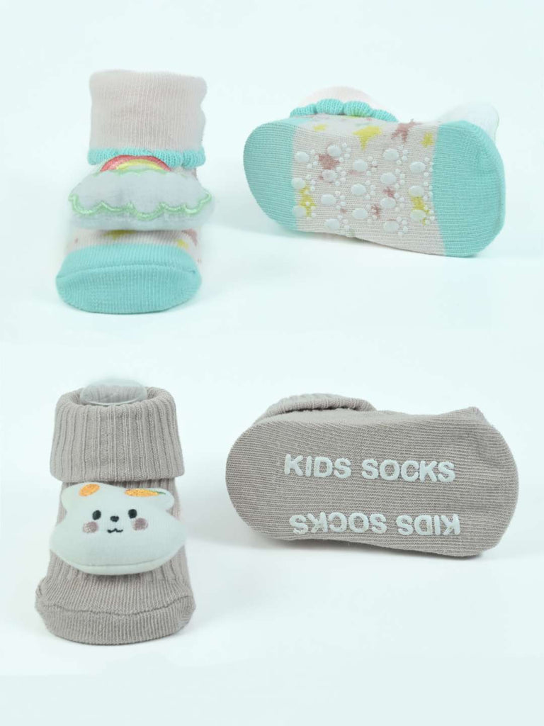 Cute Comforts Baby Socks Duo – Pastel Knit Booties with 3D Bunny and Rainbow Accents-Front & Back View