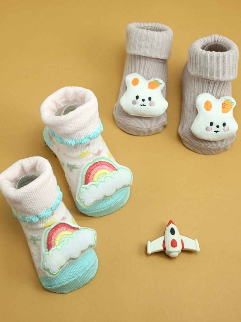 Cute Comforts Baby Socks Duo – Pastel Knit Booties with 3D Bunny and Rainbow Accents- Creative view
