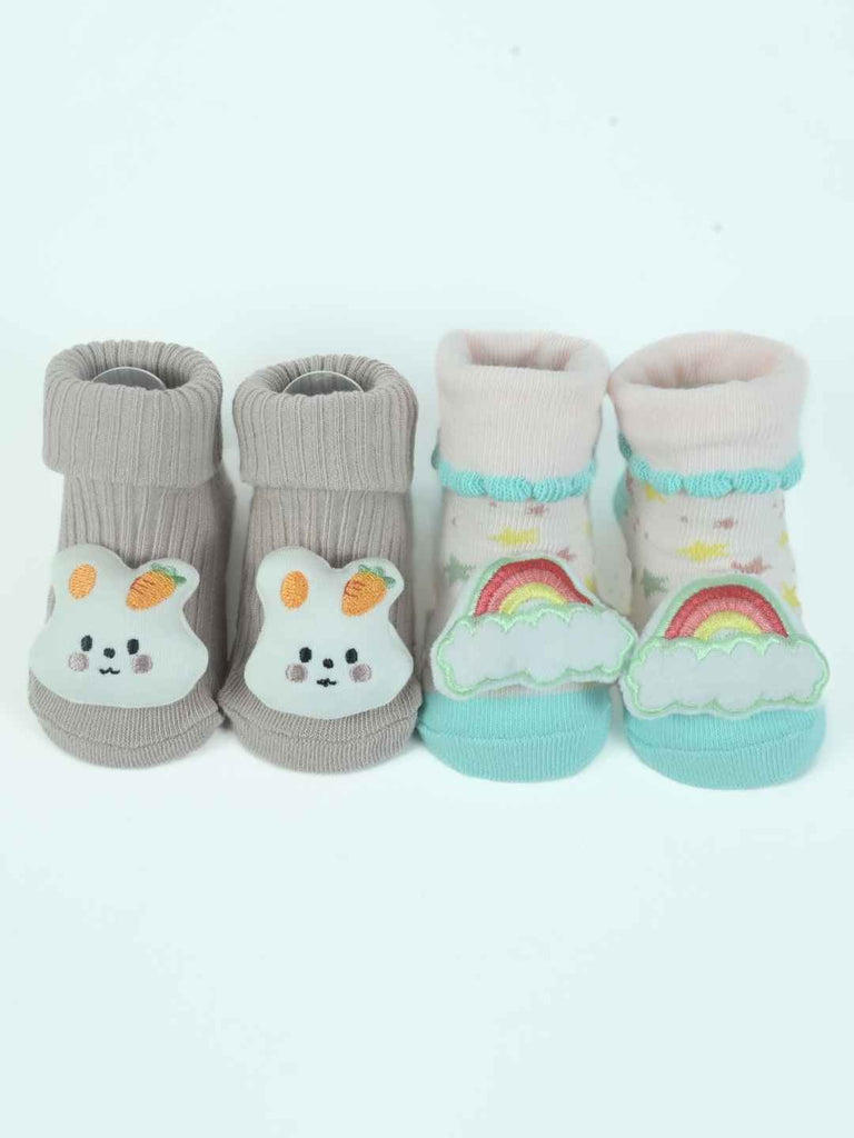 Cute Comforts Baby Socks Duo – Pastel Knit Booties with 3D Bunny and Rainbow Accents-Full View