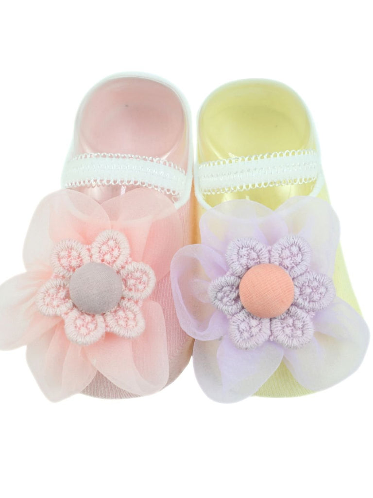 Cute Cotton Baby Socks with Charming Flower Design for Girls- Pink & Purple  Front View