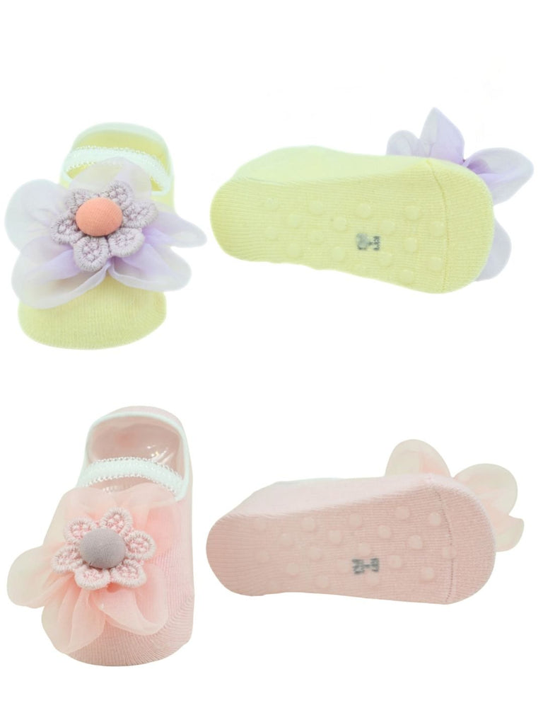 Cute Cotton Baby Socks with Charming Flower Design for Girls- Pink & Purple  Front & Back View