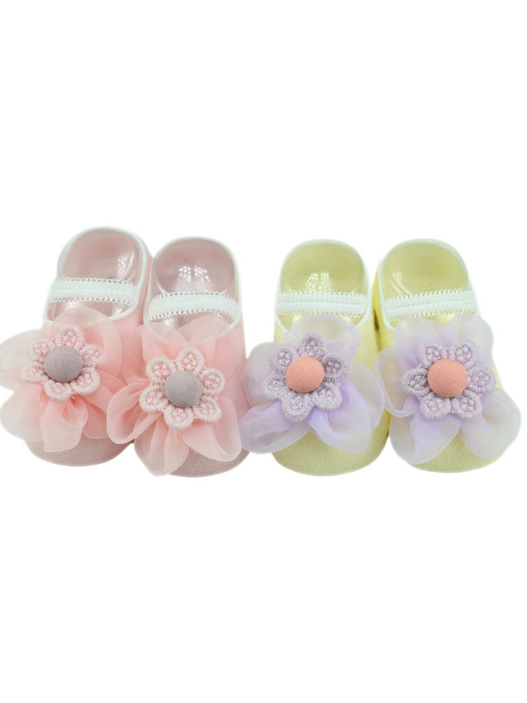 Cute Cotton Baby Socks with Charming Flower Design for Girls- Pink & Purple Close Up View