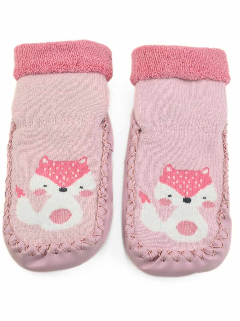 Cute & Cozy Leather Socks with Fox Design for Girls Pink-Full view