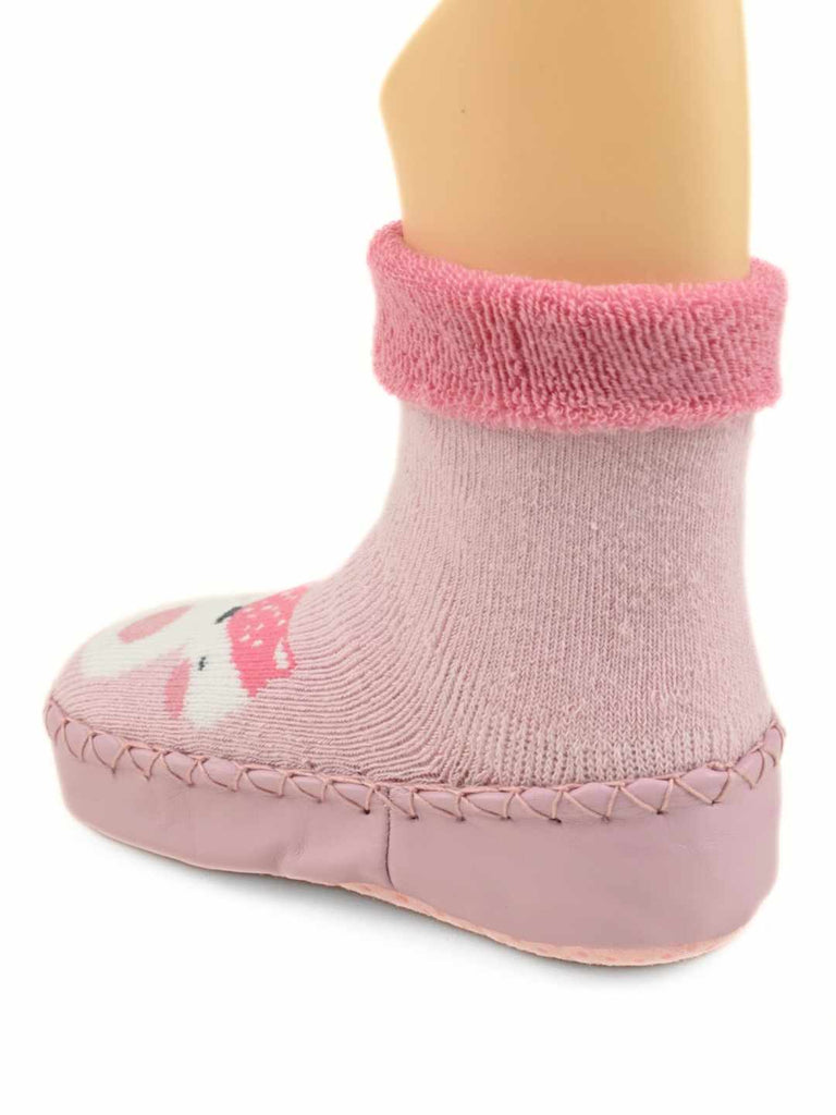 Cute & Cozy Leather Socks with Fox Design for Girls Pink-Back view
