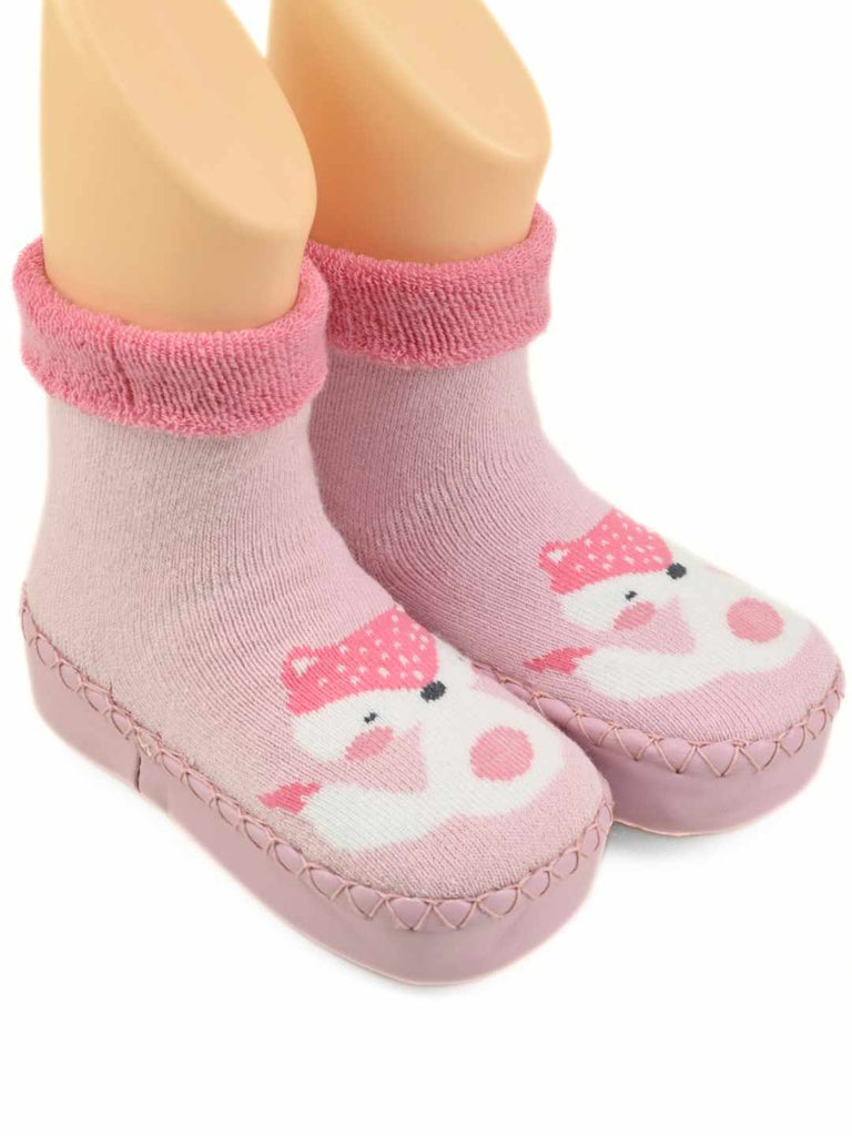 Cute & Cozy Leather Socks with Fox Design for Girls Pink-Angle view