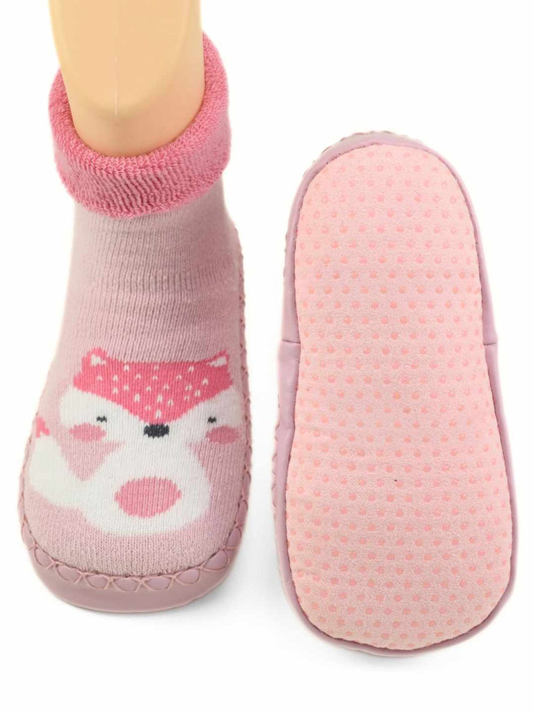 Cute & Cozy Leather Socks with Fox Design for Girls Pink-Front & Back View