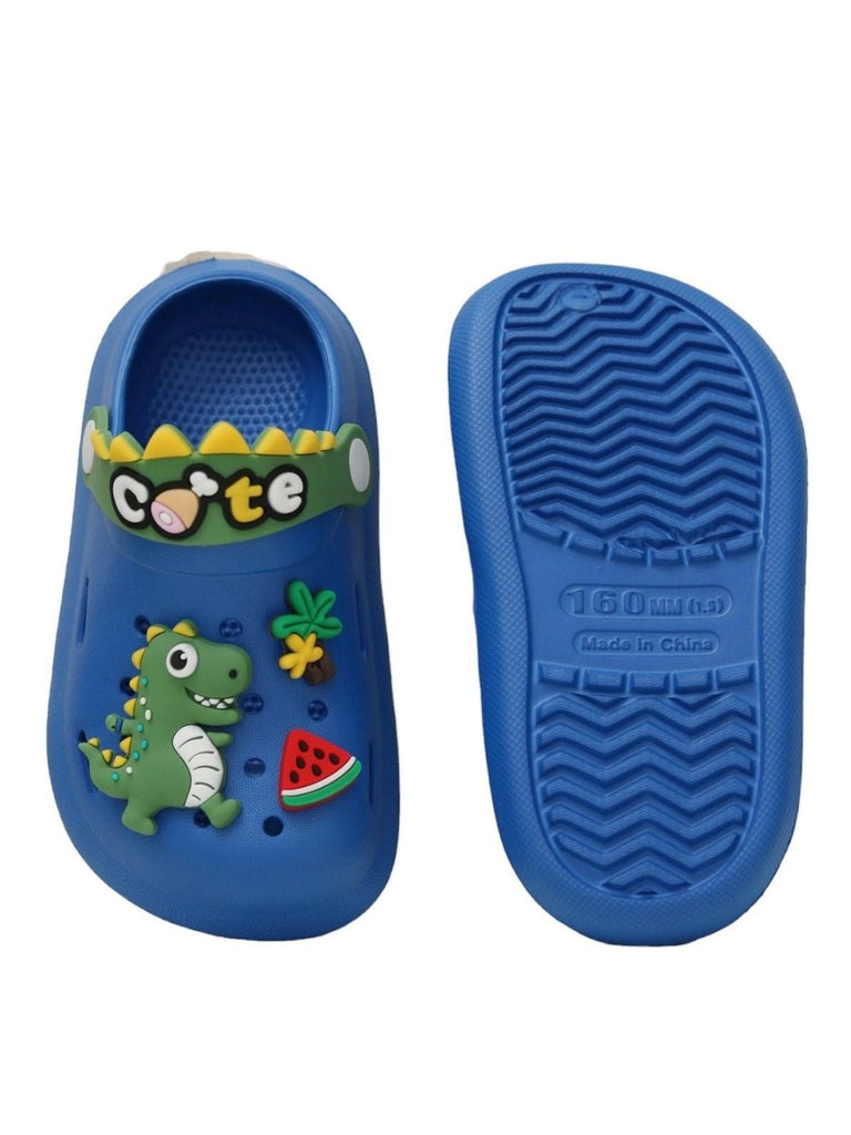 Top and bottom view of Yellow Bee Cute Dino Fun Slip-On Clogs for Boys, Blue