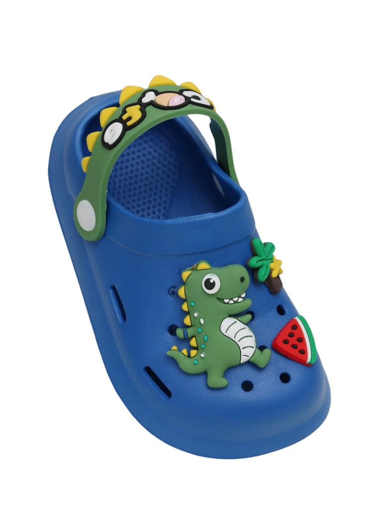 Angle view of Yellow Bee Cute Dino Fun Slip-On Clogs for Boys, Blue with charming details