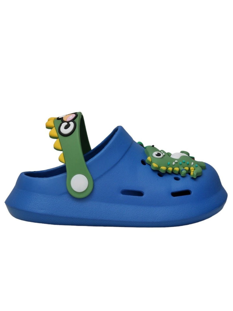 Side view of Yellow Bee Cute Dino Fun Slip-On Clogs for Boys, Blue with dinosaur charms