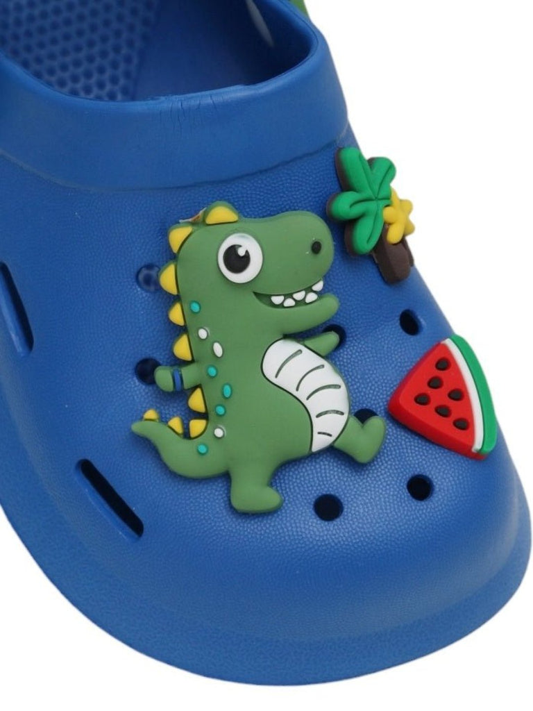 Close-up of Yellow Bee Cute Dino Fun Slip-On Clogs for Boys, Blue with decorative charms