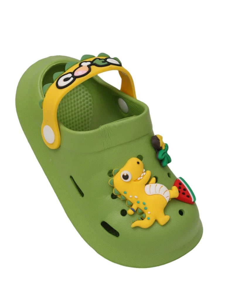 Angle view of Yellow Bee Cute Dino Theme Slip on Clogs for Boys, Green with playful charms