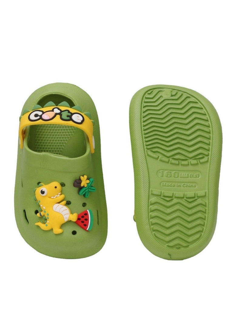 Top and bottom view of Yellow Bee Cute Dino Theme Slip on Clogs for Boys, Green