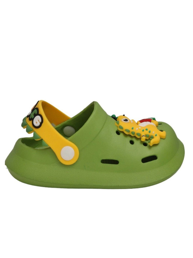 Side view of Yellow Bee Cute Dino Theme Slip on Clogs for Boys, Green