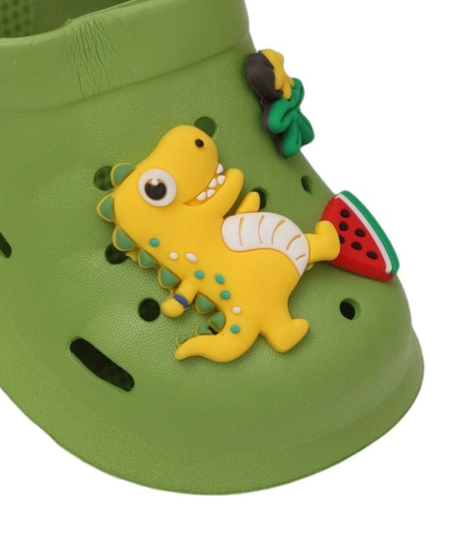 Close-up view of Yellow Bee Cute Dino Theme Slip on Clogs for Boys, Green with dinosaur and watermelon charms