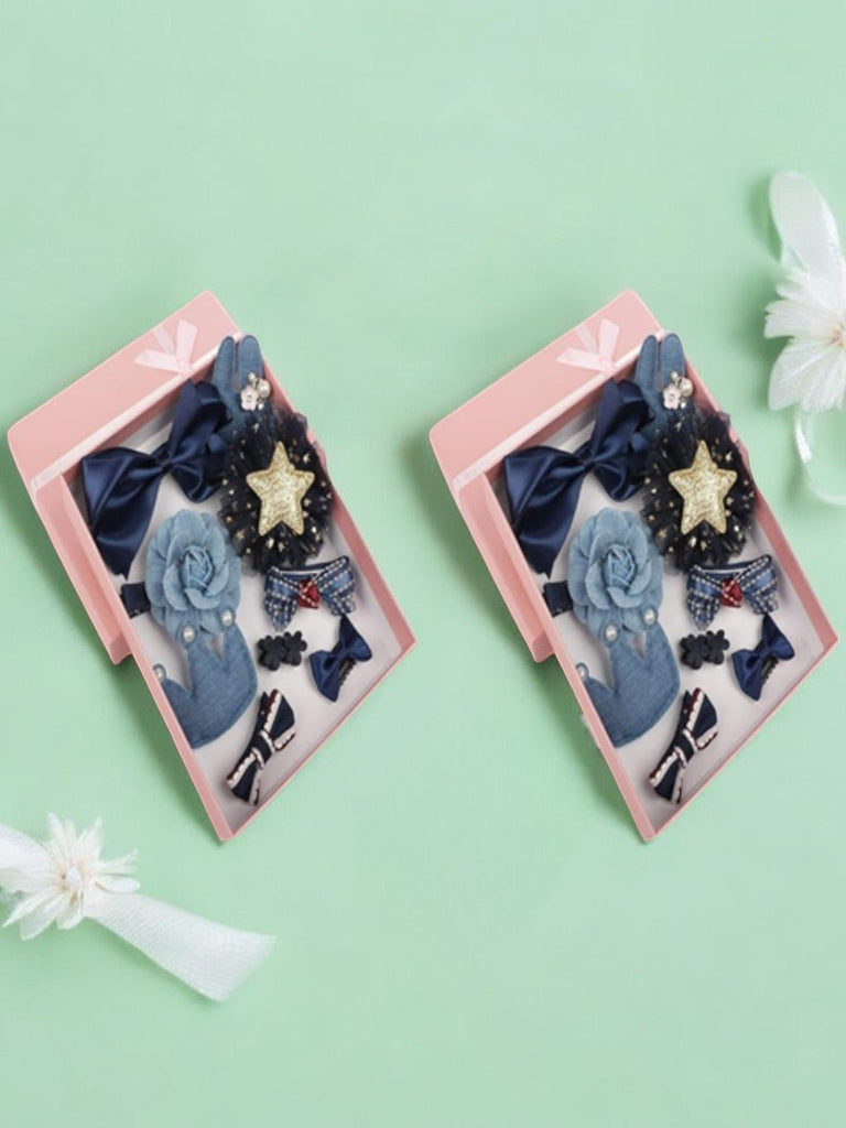 Twin pack of Yellow Bee's cute blue hair clips set for girls in stylish pink gift boxes.