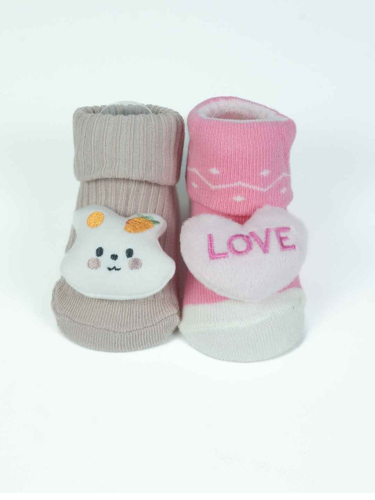Cute Hearts & Bunny Baby Socks Set – Soft Knit Booties for Sweet Little Toes (Pack of 2)-Front View