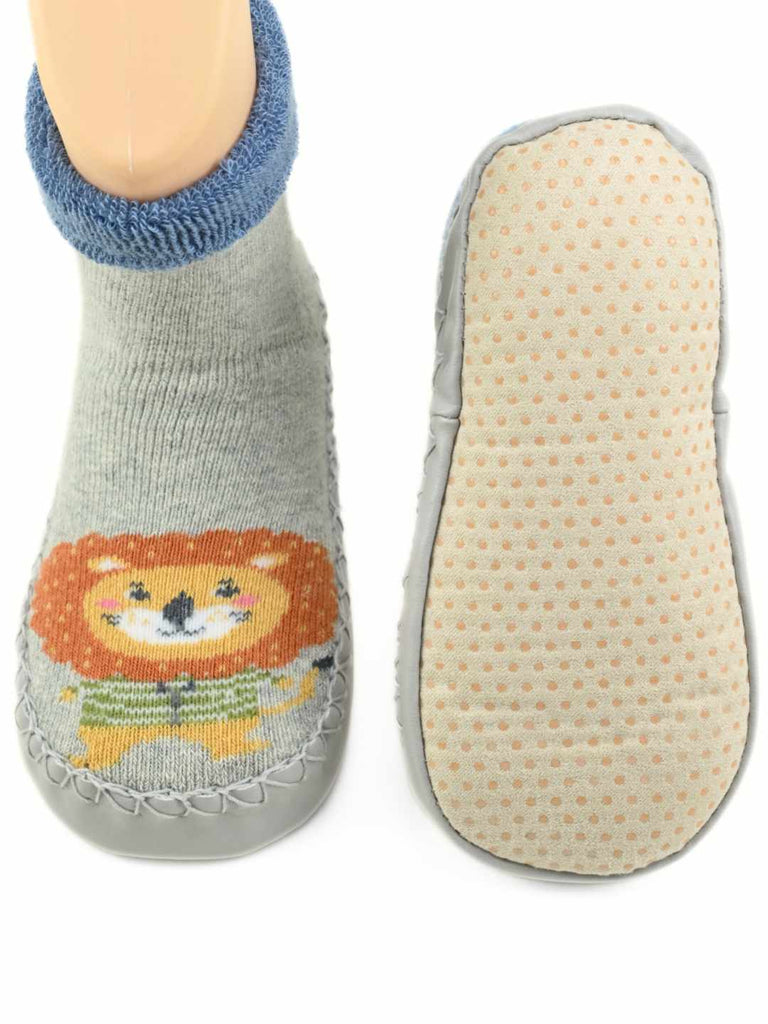 Cute Lion Face Baby Leather Socks for Boys Grey-Front  & Back View