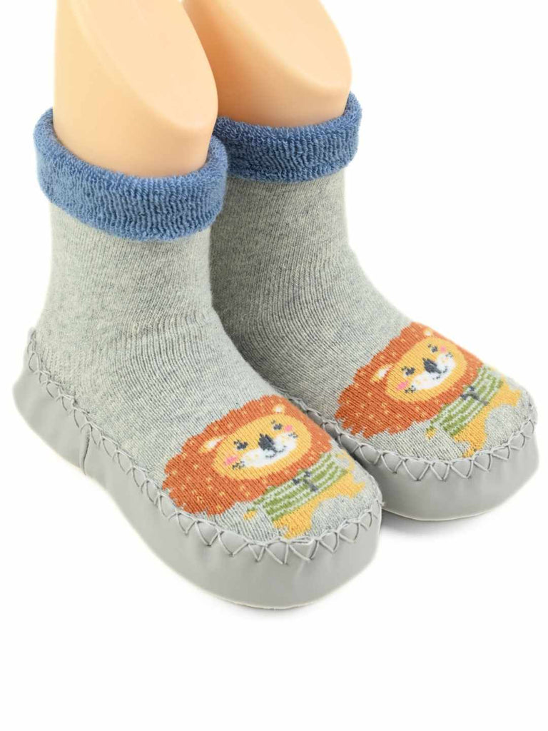 Cute Lion Face Baby Leather Socks for Boys Grey-Angle view