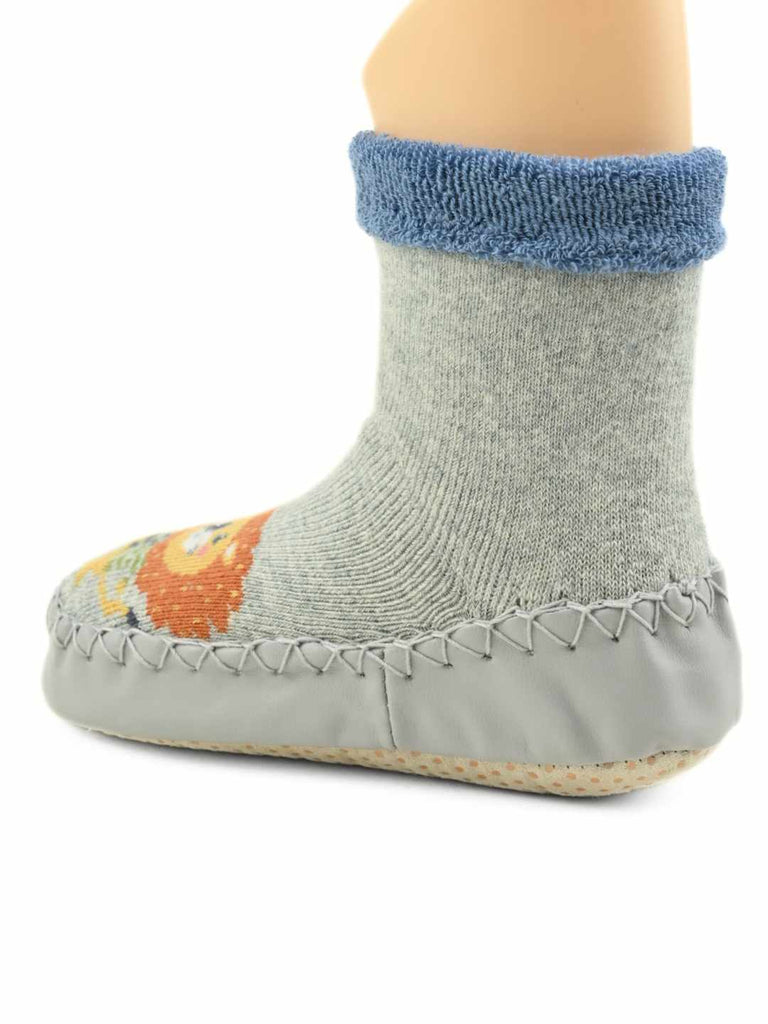 Cute Lion Face Baby Leather Socks for Boys Grey-Back view