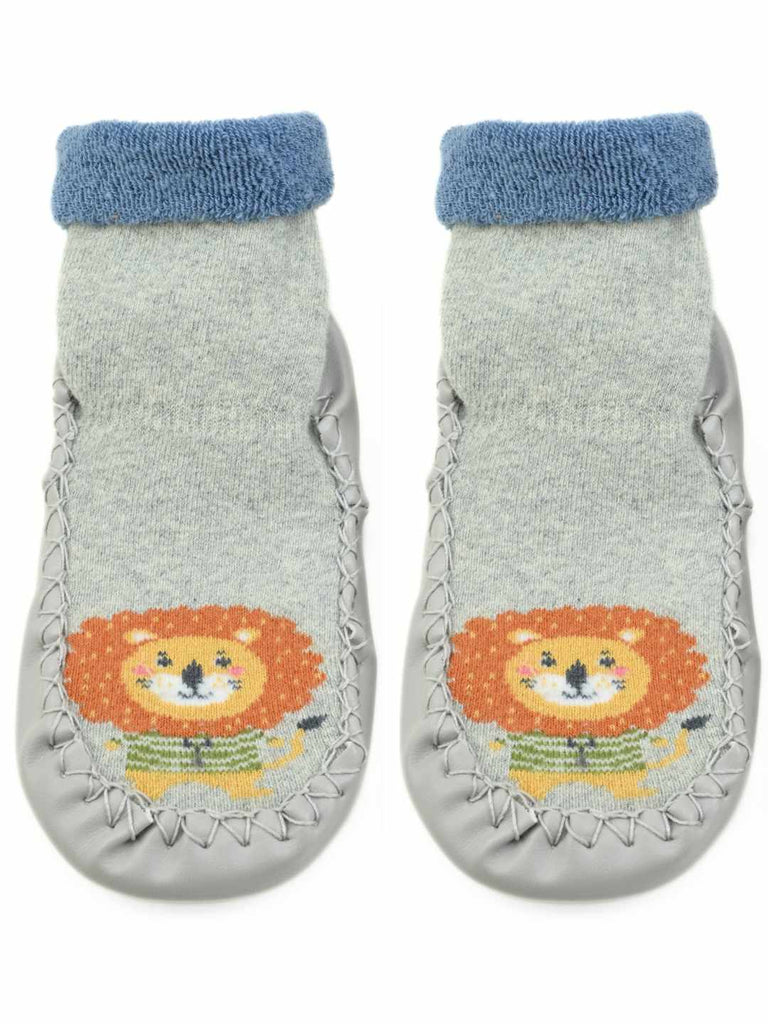Cute Lion Face Baby Leather Socks for Boys Grey-Full view