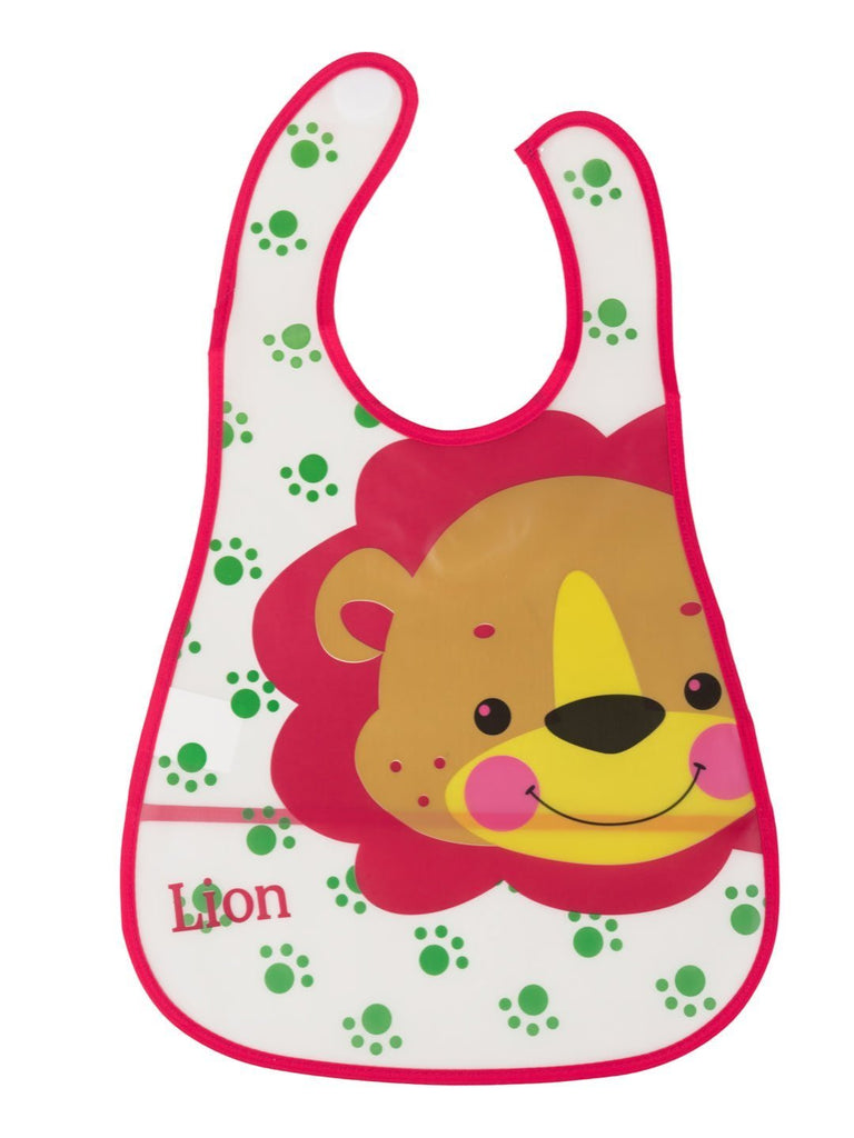 Front view of Cute Lion-Themed Waterproof Baby Bib with measurements