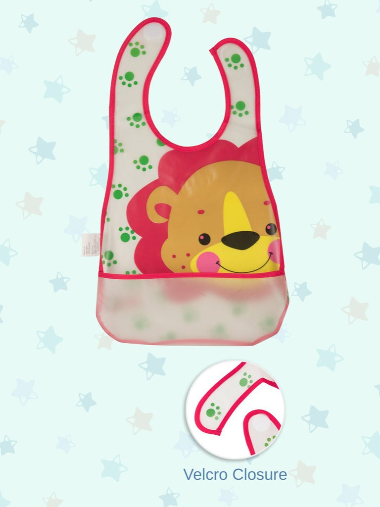 Close infographic view of Cute Lion-Themed Waterproof Baby Bib with paw print design