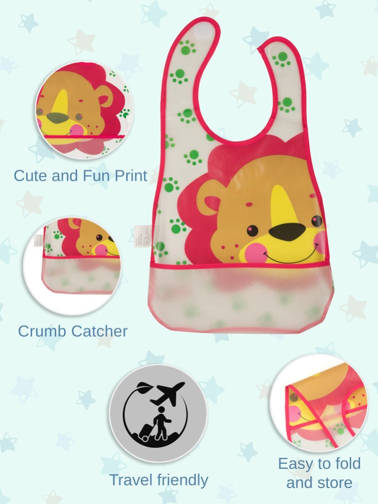 Detailed infographic view of Cute Lion-Themed Waterproof Baby Bib showing features