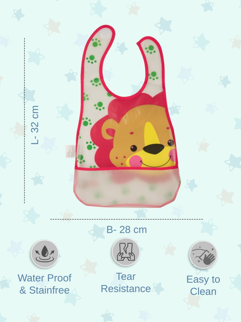 Dimension infographic view of Cute Lion-Themed Waterproof Baby Bib with measurements