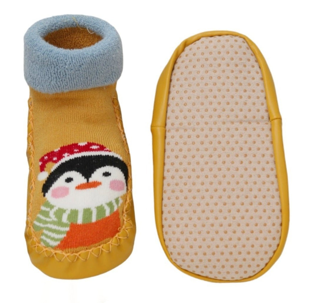 Yellow Bee Penguin face stuffed toy sock for kids with non-slip bottom.