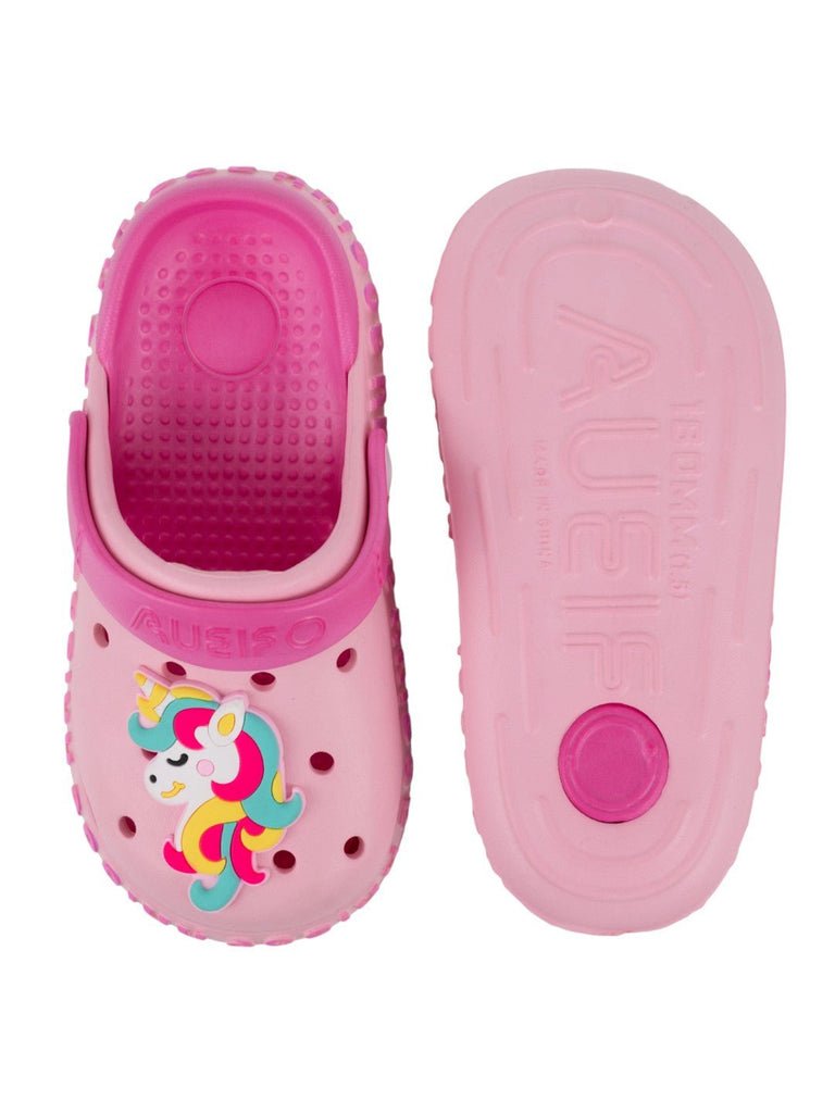 Cute Pink Clogs with 3D Unicorn Charms for Girls-Front & Back View