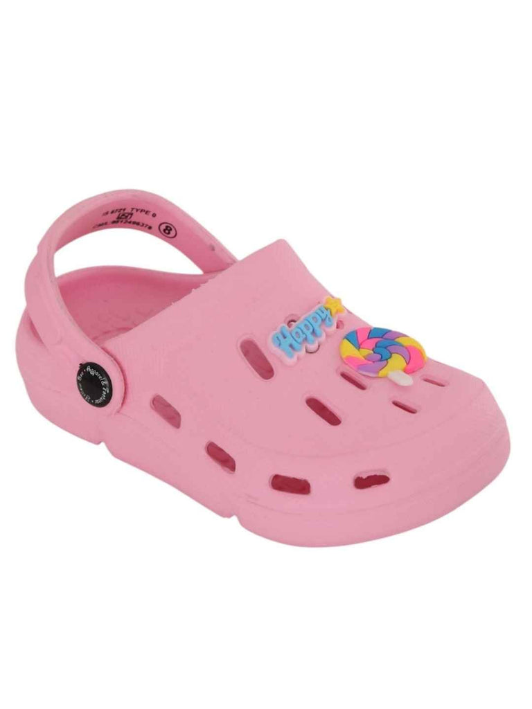 Cute Pink Clogs with Colorful Candy & “Happy” Charms for Girls-Angle view