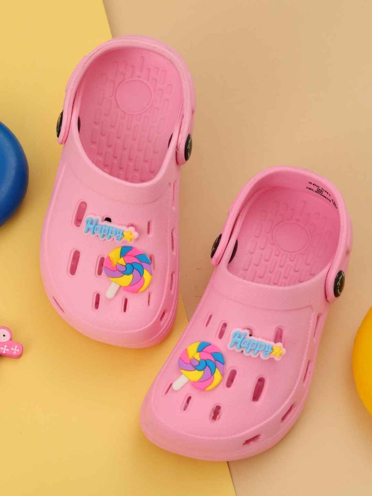 Cute Pink Clogs with Colorful Candy & “Happy” Charms for Girls-Creative View