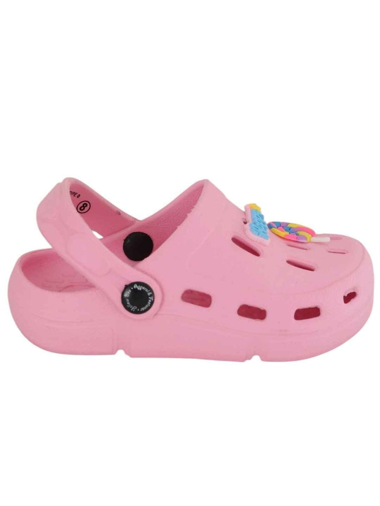 Cute Pink Clogs with Colorful Candy & “Happy” Charms for Girls-Side View