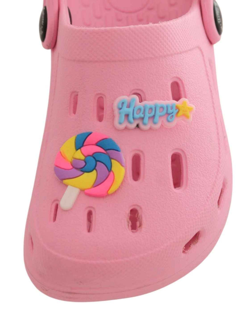 Cute Pink Clogs with Colorful Candy & “Happy” Charms for Girls-Front View