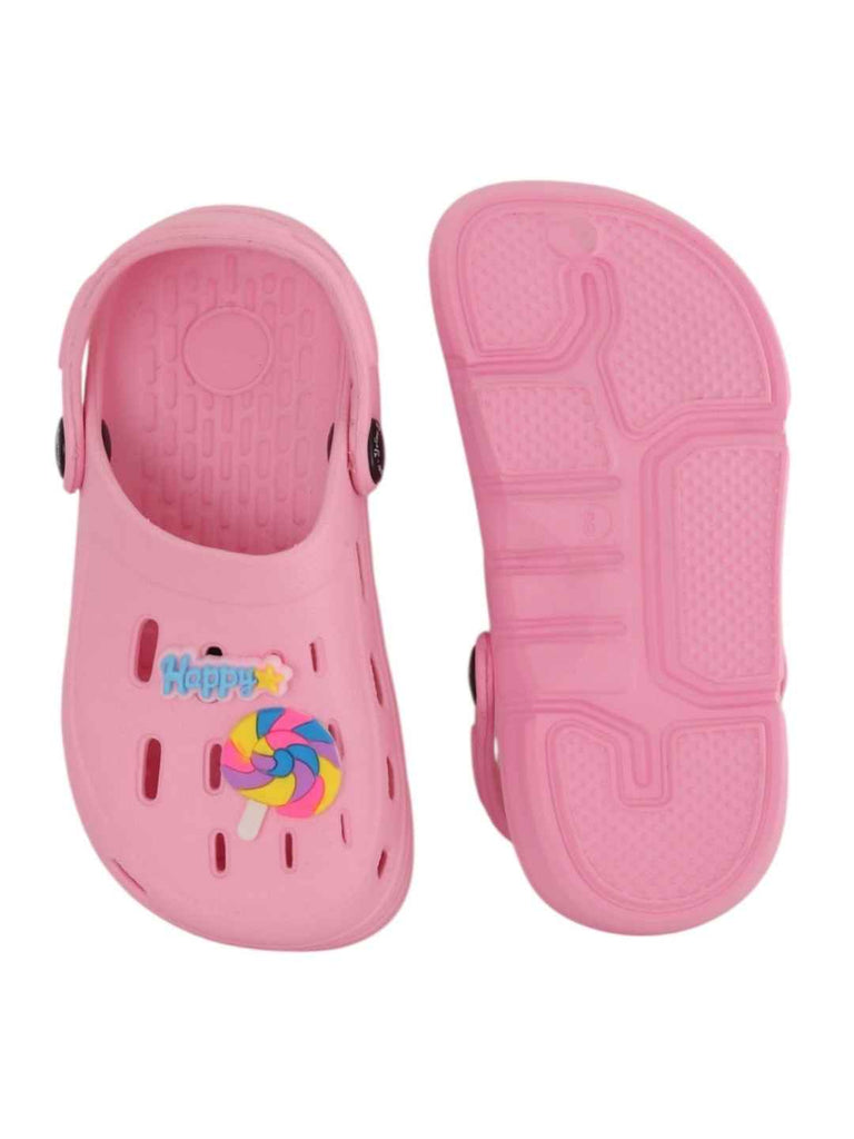 Cute Pink Clogs with Colorful Candy & “Happy” Charms for Girls-Front & Back View