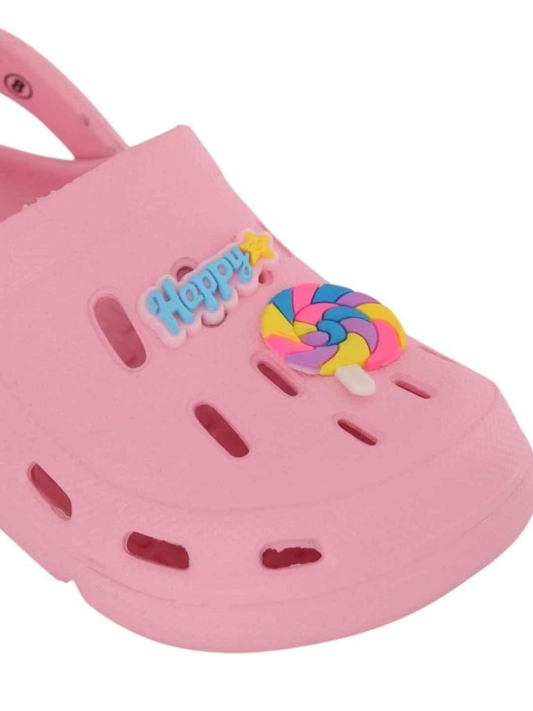 Cute Pink Clogs with Colorful Candy & “Happy” Charms for Girls-Close up view