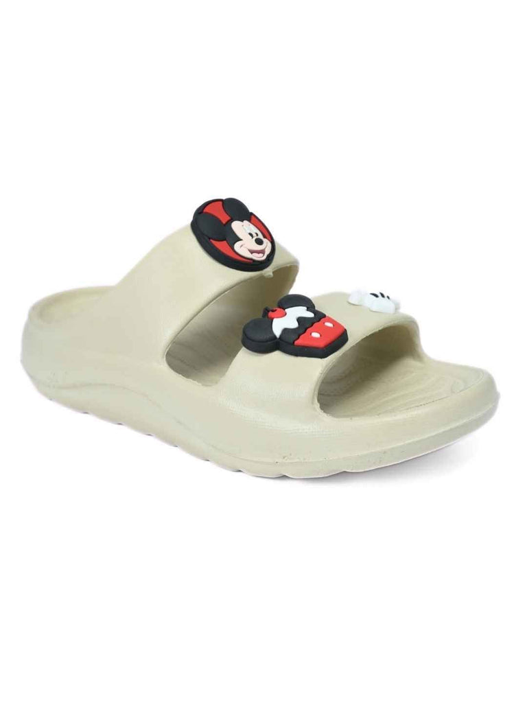 Cute & Playful Mickey Mouse Cupcake & Glove Charms Slides for Boys Beige - Angle View