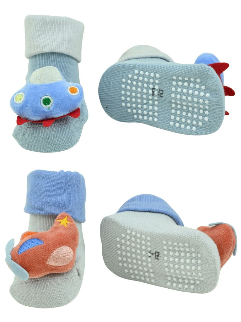 Stylish Baby Doll Head Socks – Cute Airplane & UFO Design Combo for Boys - Blue - Front & Back View