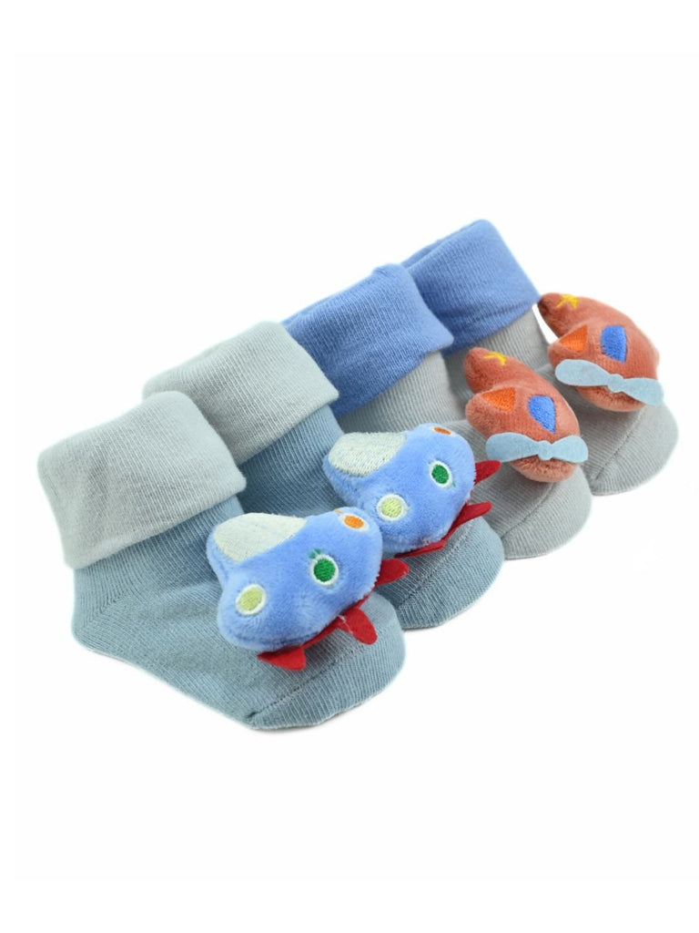 Stylish Baby Doll Head Socks – Cute Airplane & UFO Design Combo for Boys - Blue - Angle View