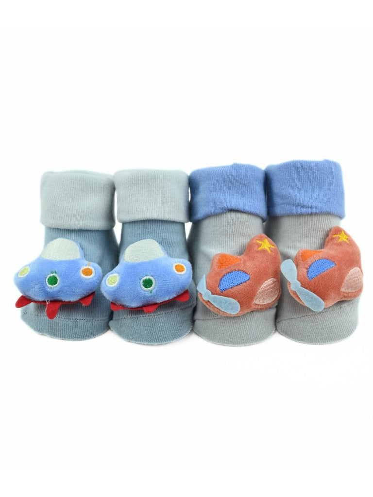 Stylish Baby Doll Head Socks – Cute Airplane & UFO Design Combo for Boys - Blue - Front View