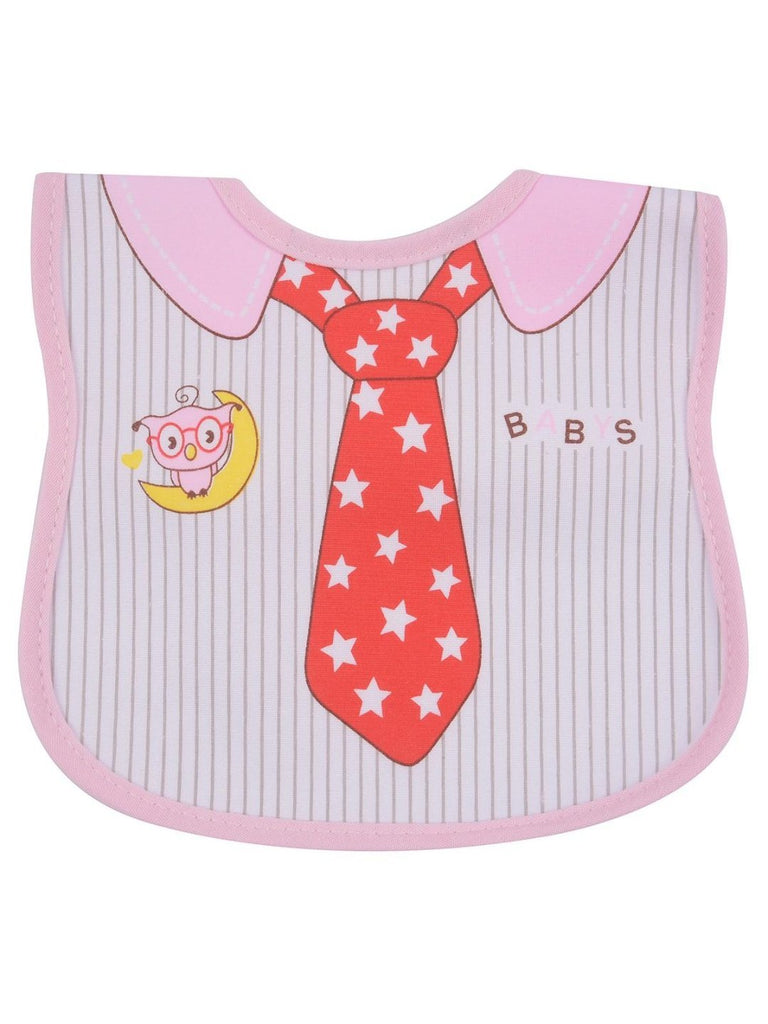 Front view of Yellow Bee Cute Tie Design Baby Bib in pink with a fun tie and star pattern.