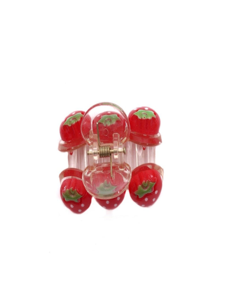 Front view of the Cute Triple Strawberry Hair Claw Clip in red, showcasing the detailed design of three vibrant strawberries.