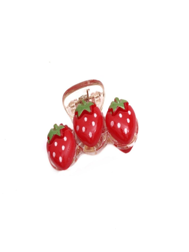 Full view of the Cute Triple Strawberry Hair Claw Clip in red, highlighting its sturdy acrylic base and playful design.