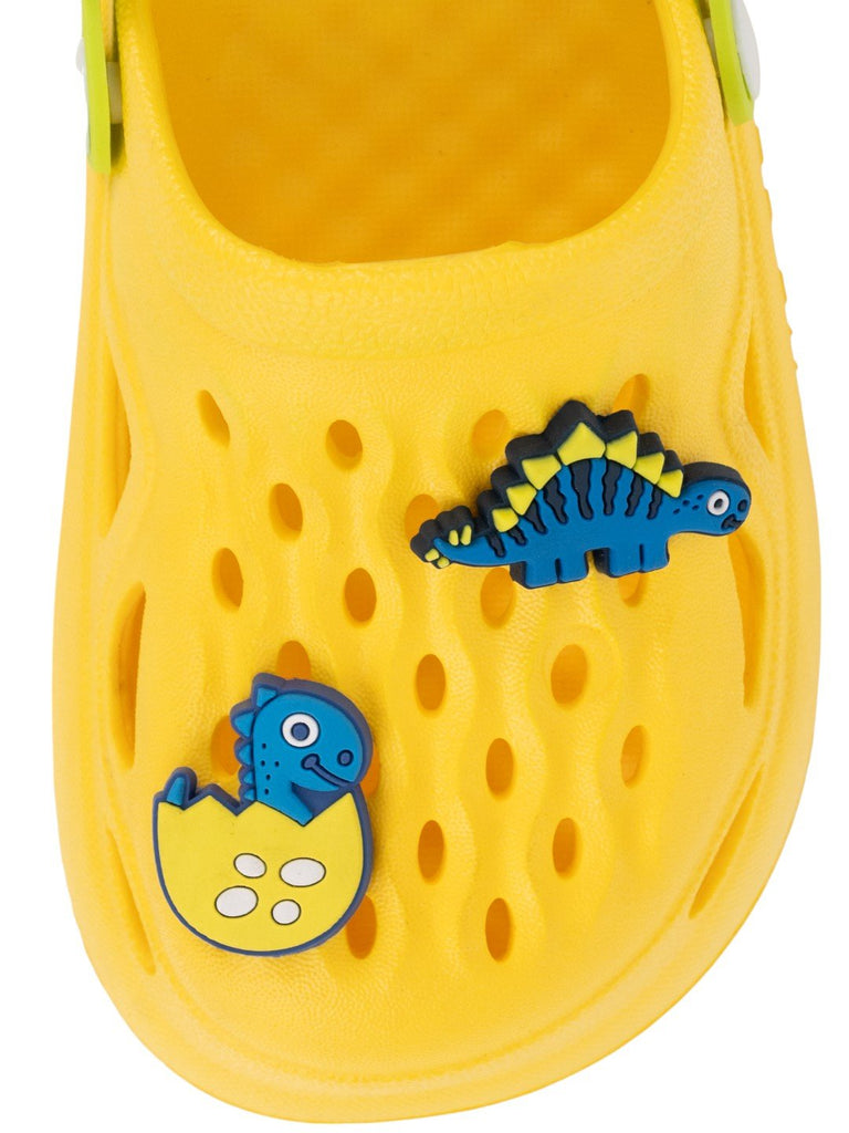 Cute Yellow Clogs with 3D Dino & Egg Charms for Boys-Front View