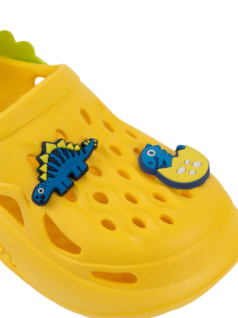 Cute Yellow Clogs with 3D Dino & Egg Charms for Boys-Close up view