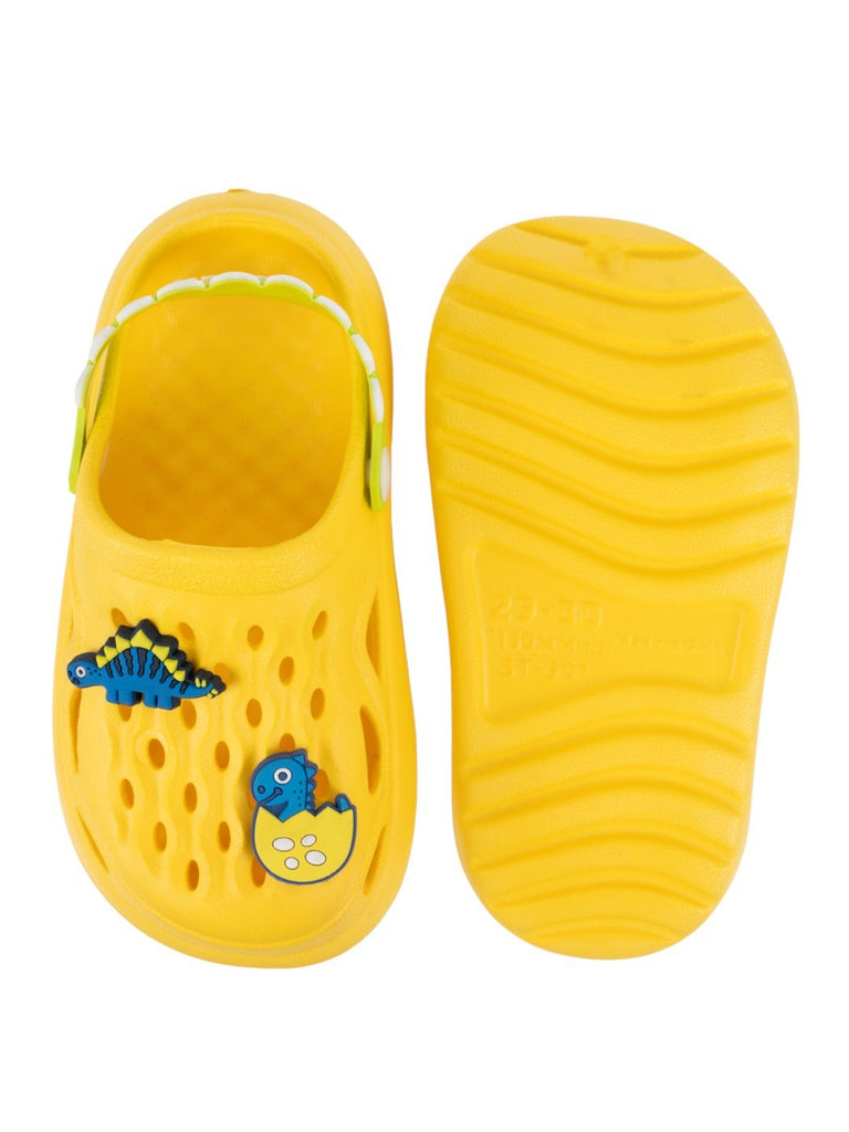 Cute Yellow Clogs with 3D Dino & Egg Charms for Boys-Front & Back View