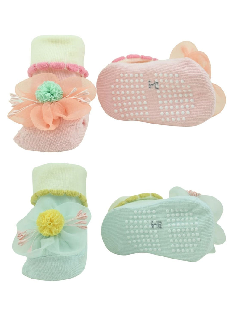 Daisy Dreams Baby Ankle Socks – 3D Flower Pastel Booties Ankle socks for Girl - Multi - Front & Back View
