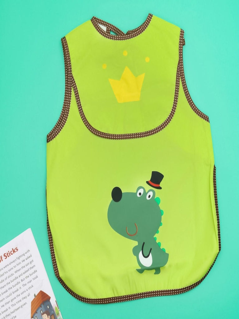 Full display of the Dapper Dinosaur Baby Bib in green, perfect for boys aged 6-24 months, highlighted against a contrasting background.