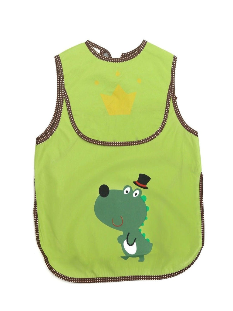 Front view of the Dapper Dinosaur Baby Bib in green, featuring a dinosaur with a top hat and a yellow crown detail.